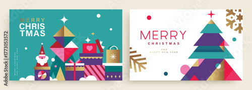 Set of Merry Christmas and Happy New Year vector illustration for greeting cards, posters, holiday covers in modern minimalist geometric style.
