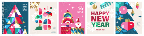 Set of Merry Christmas and Happy New Year 2026 vector illustration for greeting cards, posters, holiday covers in modern minimalist geometric style.
