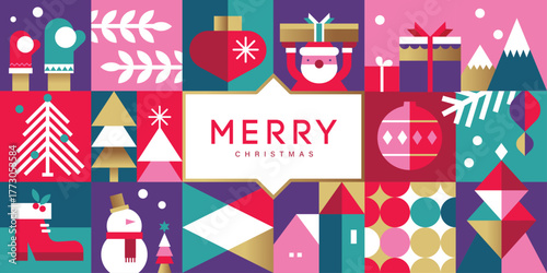 Merry Christmas, Season's Greeting and Happy New Year vector illustration for greeting cards, posters, holiday cover in modern minimalist geometric style.
