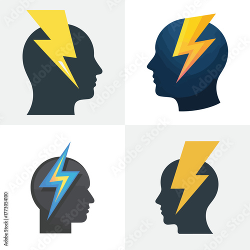 Lightning bolt icons with human head and brain concept vector illustration
