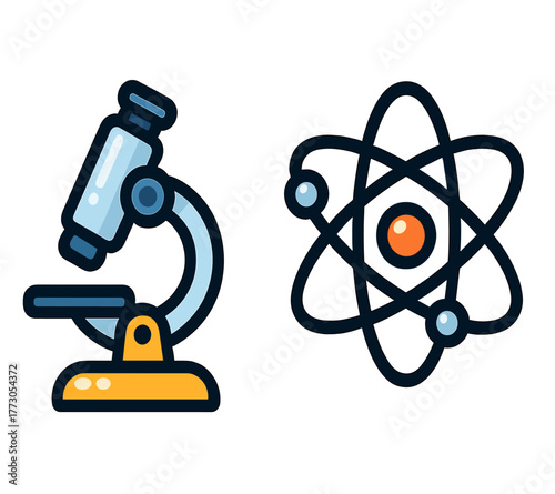 Examination tools showing a microscope and an atomic model representing scientific exploration in education settings