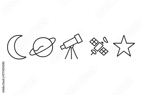Illustrations of celestial objects including the moon, planets, telescope, satellites, and stars in a simple line art style