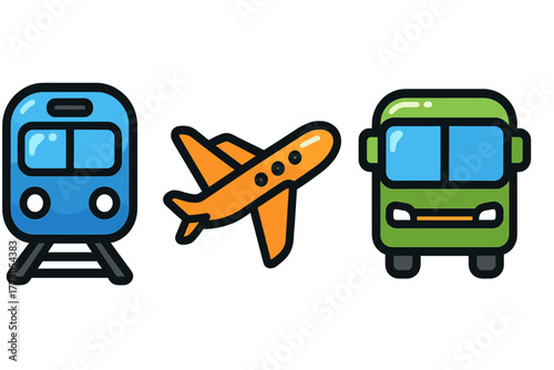 Different modes of transportation displayed as cartoon icons highlighting trains, planes, and buses