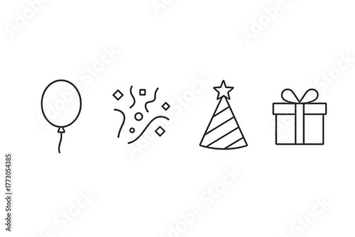 Celebration symbols featuring balloons, confetti, party hats, and gifts in a simple design for festive occasions