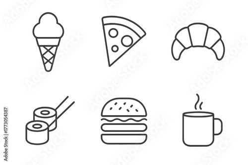 Variety of delicious foods and drinks including ice cream, pizza, and sushi presented in simple line art design