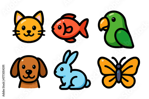 Colorful cartoon animals including cat, fish, parrot, dog, rabbit, and butterfly in a playful arrangement