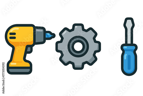 Tools and equipment for DIY projects with a drill, gear, and screwdriver in a simple design