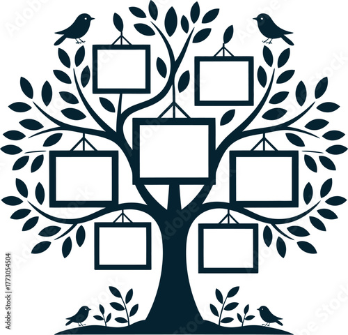A silhouetted family tree illustration with empty picture frames hanging from its branches.