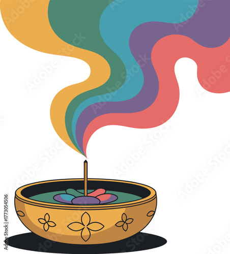 Aromatic incense stick releases colorful smoke in a decorative bowl.