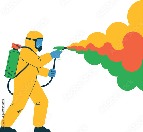 A person in a hazardous materials suit sprays colored mist from a spray gun.