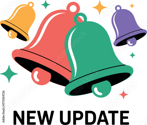 Colorful bells signal a new update or announcement with sparkling lights.