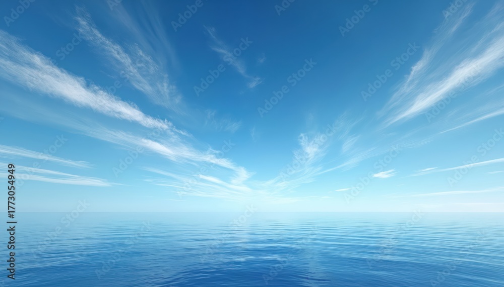 Obraz premium Vast blue ocean water with ripples reflects bright clear sky. Delicate cirrus clouds stretch across wide atmosphere. Distant horizon line creates calm, peaceful, open outdoor nature scene. Beautiful