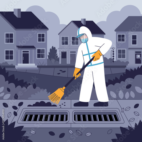 Person in hazmat suit cleans debris from a storm drain in a residential neighborhood.
