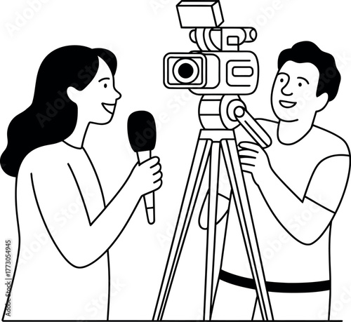 A reporter interviews a cameraman filming a segment with a professional video camera.