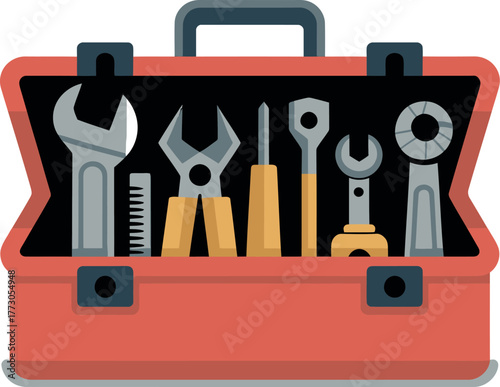An open toolbox displays a variety of common hand tools and instruments.