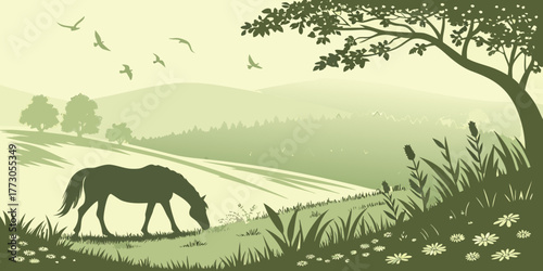 Stock photos websites often categorize this image as a vector silhouette illustration of wild horses grazing in a summer meadow with trees and a mountain landscape
