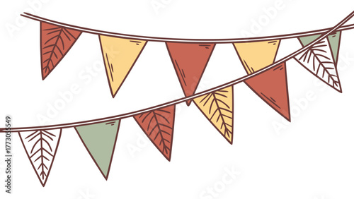 autumn bunting banner illustration with patterned triangle pennant flags in warm earth tones