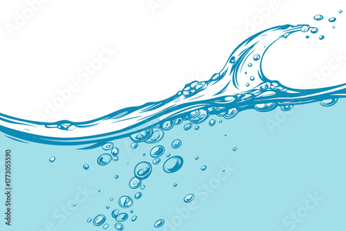 fresh water splash with bubbles and wave motion on white background blue aqua