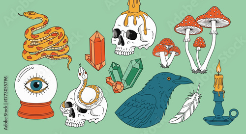 Mystical set of hand-drawn esoteric symbols for witchcraft, including a raven, skull, snake, and magic mushrooms