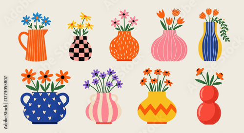 A vibrant collection of stylized flowers in colorful, modern patterned vases. Set of flat design floral arrangement illustrations