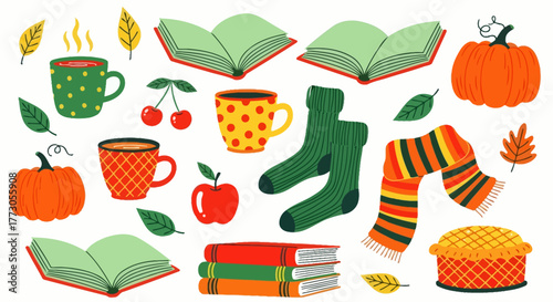 A charming illustrated collection of cozy autumn elements, featuring books, warm drinks, pumpkins, and seasonal comforts