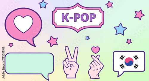 Vector set of colorful Korean pop culture fan art icons with hand gestures, hearts, stars, and speech bubbles