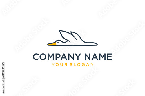 Minimalist Flying Bird Logo Design Template with Yellow Beak and Dark Blue Outline
