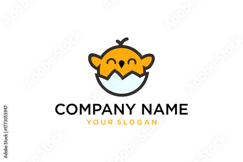 Cute Cartoon Baby Chick Hatching From Egg Logo Design Illustration