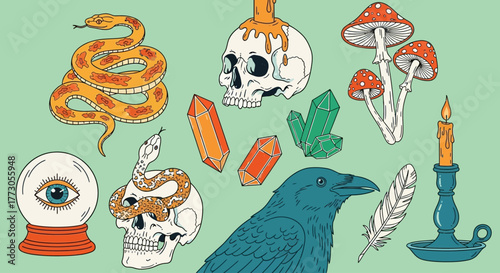 A mystical collection of hand-drawn occult symbols featuring a raven, snake, skull, magic mushrooms, and esoteric elements