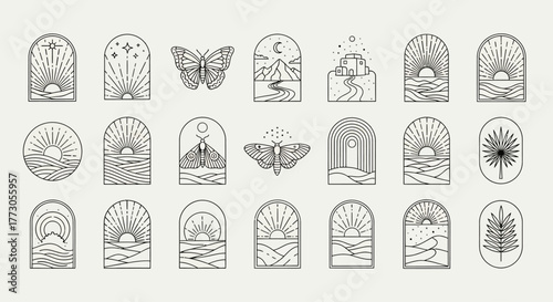 Collection of boho line art symbols with celestial sun, moon, mystical moth, and minimal nature landscape logos for branding