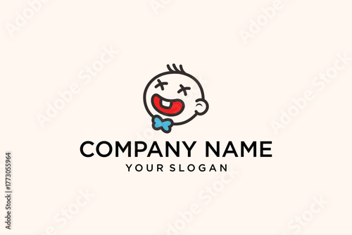 Cheerful Cartoon Baby Face Logo Template with X Eyes and Blue Bow Tie