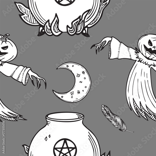 Seamless vector pattern with scarecrow, witch's cauldron, crescent moon and feather. Pattern for greeting cards halloween and other holiday and invitation cards background.