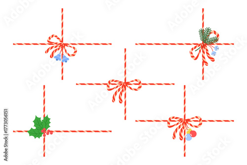 Five decorative elements for Christmas gift wrapping. Intersecting red and white ribbons for rectangular packages with tied bow, fir branch, balls, and bells. Cute vector illustration.