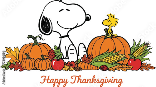 Snoopy and woodstock with pumpkins and corn for thanksgiving