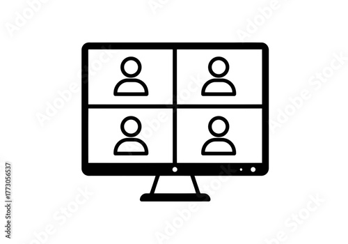 A flat computer screen showing four participants in a video conference meeting call illustration vector