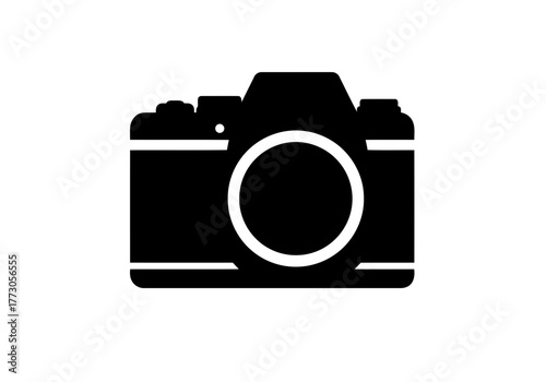 A graphic representation of a nice camera with a circular lens and simple design elements visible here
