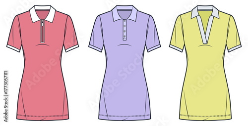 Set of Polo Dress Technical Fashion Illustration, zipper placket, button placket, v neck, front view, pink, lavender, yellow, women CAD mockup.