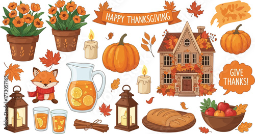 A cozy thanksgiving scene with pumpkins, candles, fox, house, and autumn leaves