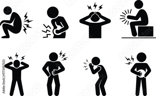 Pain symptoms and illness icons set