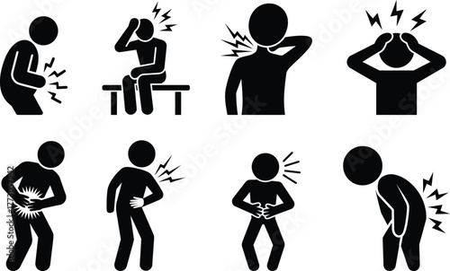 Pain stick figure symptom icons set