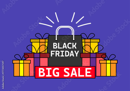 Cartel de black friday con bolsa negra y regalos