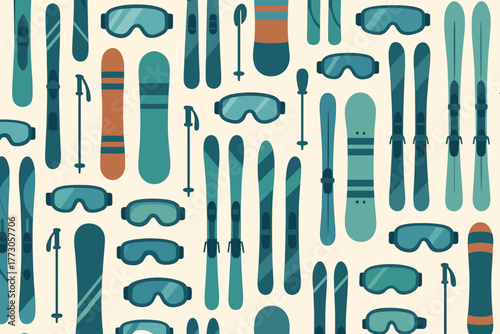 Colorful collection of snow sports gear featuring skis, goggles, and poles arranged in a stylish pattern