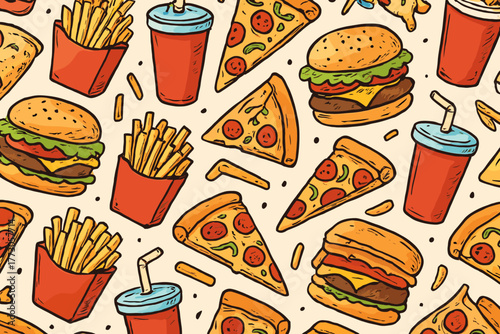 Bright and playful pattern of fast food items featuring burgers, pizza, fries, and drinks on a light background