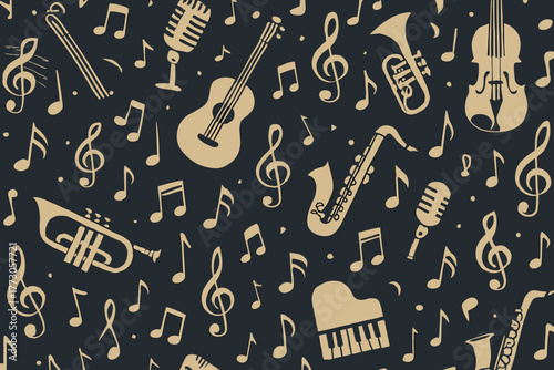 Colorful music notes and instruments create a lively pattern for a joyful atmosphere in a creative space