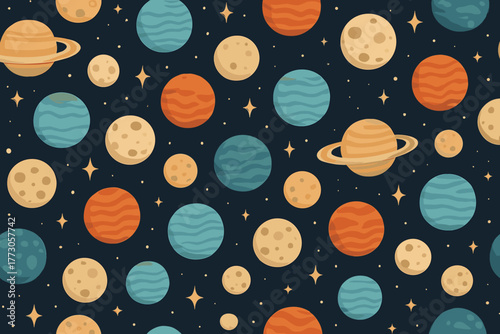 Colorful planets and moons scatter across a dark starry background, creating a playful space pattern for decoration