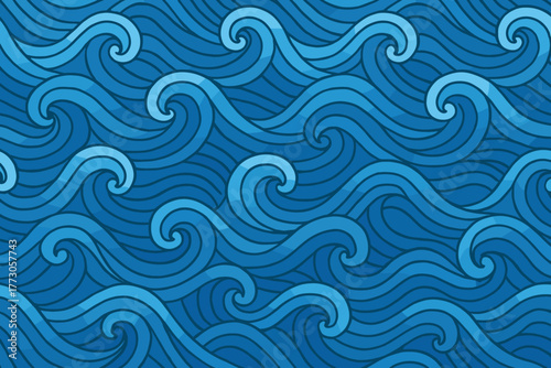 Blue wave pattern with flowing lines creating a dynamic sea scene and textured ocean appearance