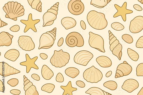 Various sea shells and starfish scattered on a light background, showcasing beach-themed elements for decoration or crafting projects