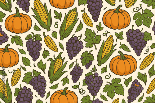 Colorful harvest pattern full of pumpkins, corn, and grapes on a light background for autumn decoration