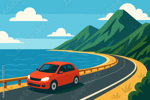 Scenic coastal drive featuring a red car on a winding road beside the ocean and mountains during daytime