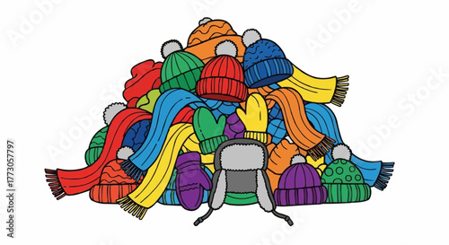 A pile of colorful winter clothing.